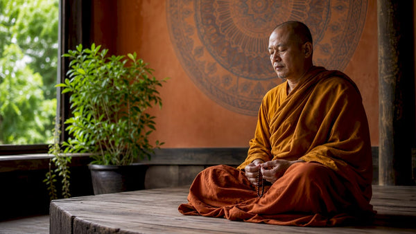 Monk meditating peacefully in temple garden