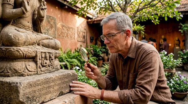 Art historian examining sculpture inscriptions