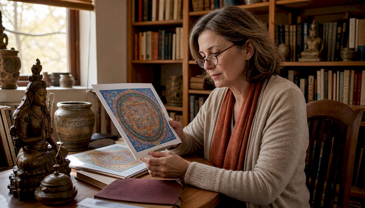 Historiador del arte estudiando libros de arte religioso asiático