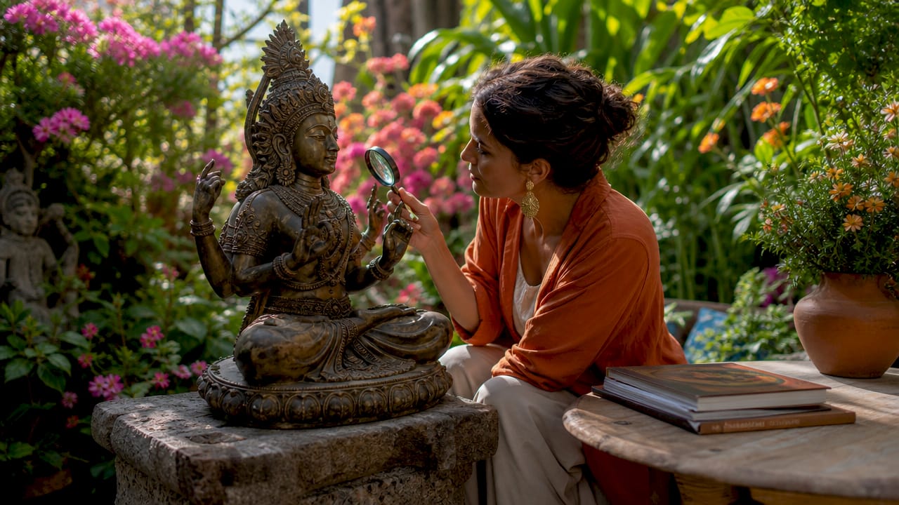 Collector examining a bronze Hindu goddess statue