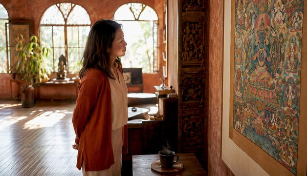Woman examining tantric Buddhist thangka art