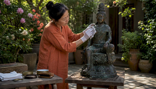 Woman polishing antique bronze statue gently