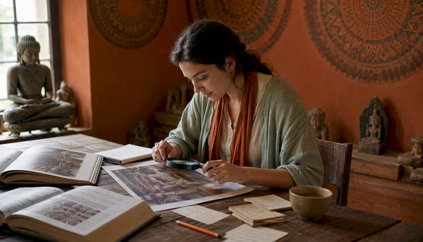 Researcher examining Asian sculpture print