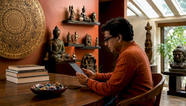 Man browsing Asian art platforms at home