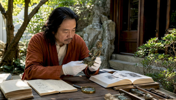 Scholar examining Vietnamese Buddhist sculpture