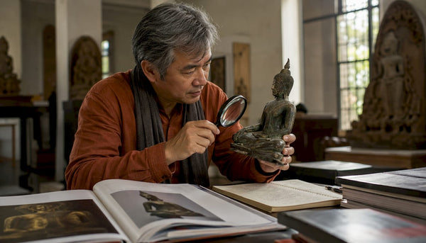 Art historian examining Ayutthaya bronze Buddha statue