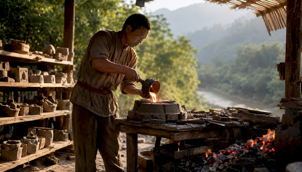 Artisan casting bronze with piece-mold method in traditional workshop