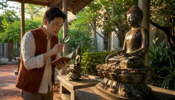 Curator examining Buddha on lotus throne in museum