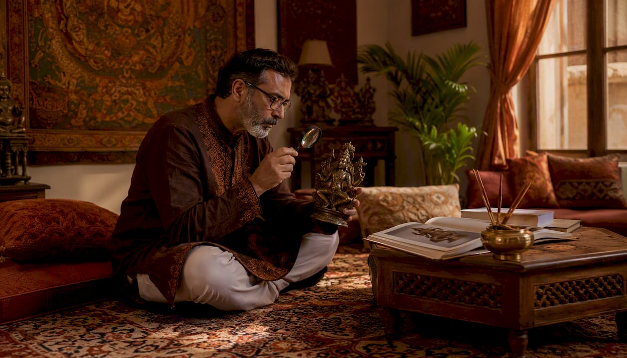 Collector examining Hindu murti statue closely