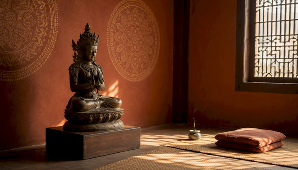 Cambodian bronze Avalokiteshvara statue in meditation room