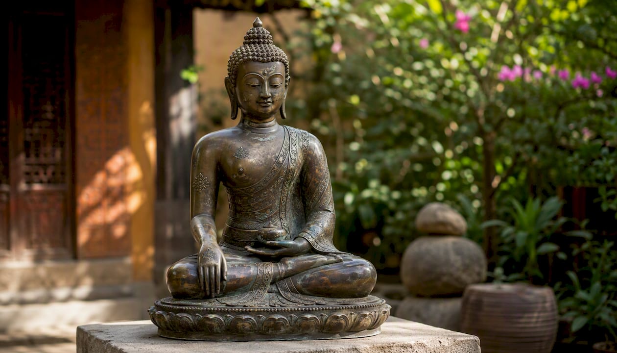 Bronze Buddha statue on altar with ritual wear