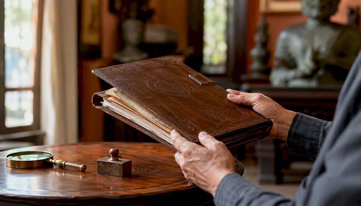 Hands inspecting provenance documents for Asian art