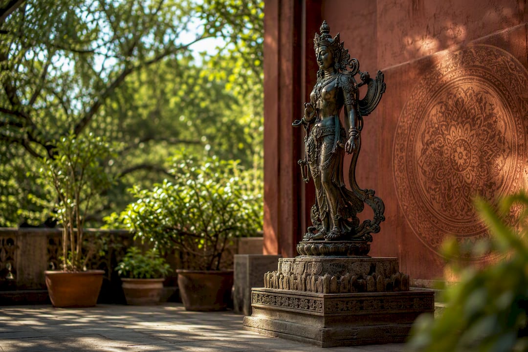 Bronze Asian sculpture casting shadows indoors