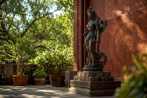 Bronze Asian sculpture casting shadows indoors