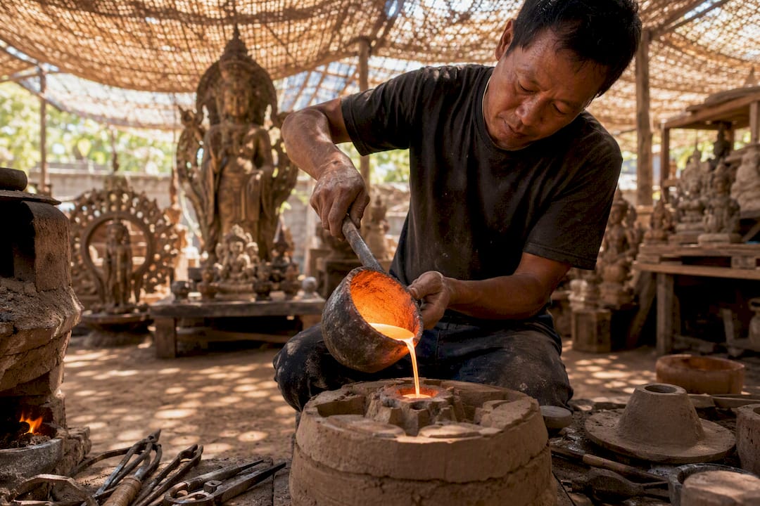 Artisan pouring bronze into clay mold