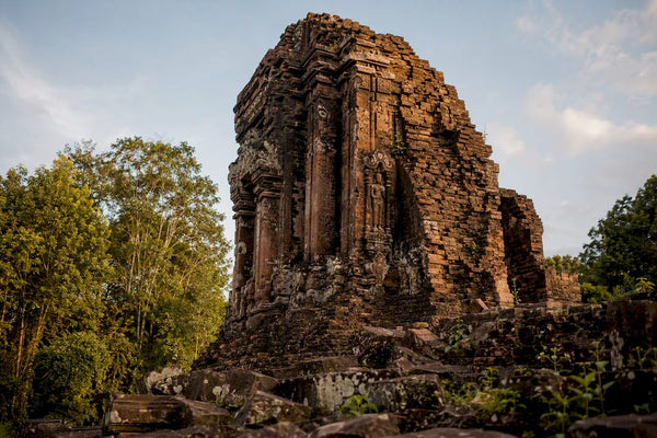 Weathered Cham sandstone temple ruins at My Son valley