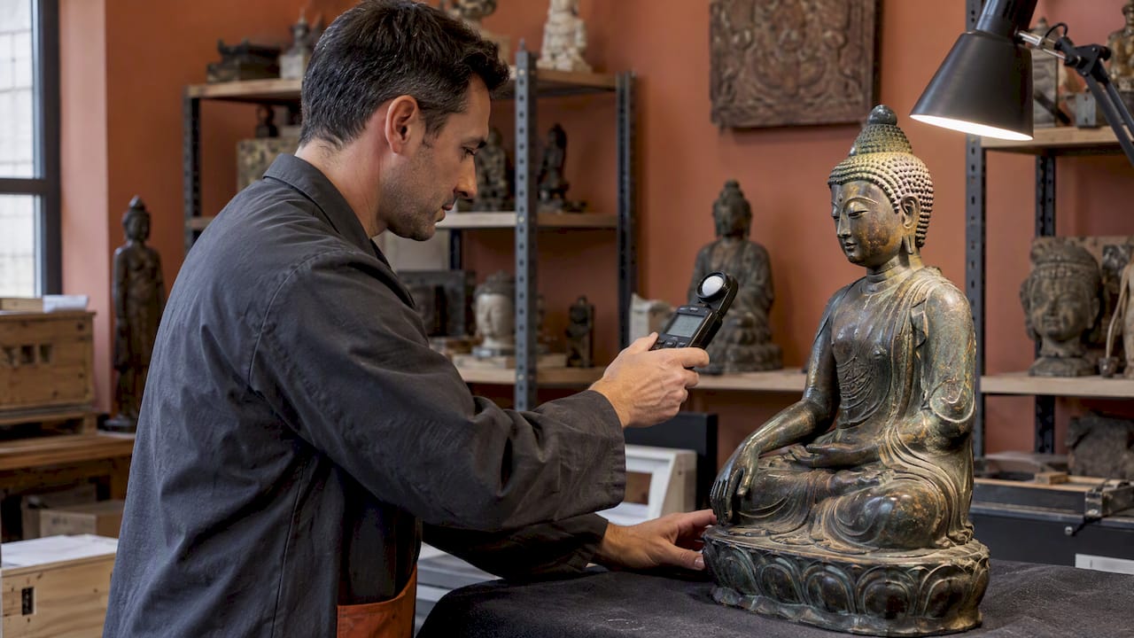 Conservator checking light on bronze statue