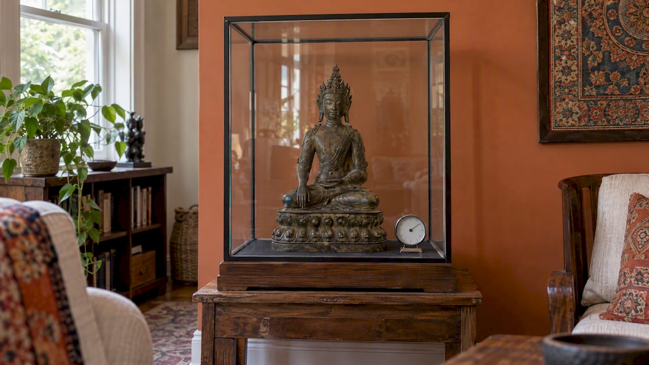Bronze Buddhist statue inside a glass display case