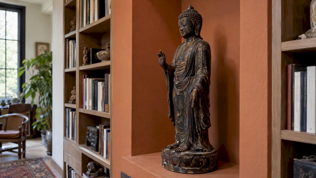 Antique dry-lacquer Buddha in a collector’s library