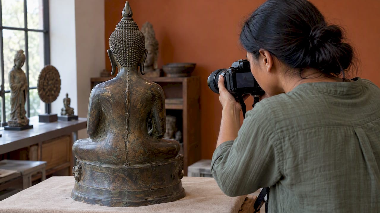 Specialist photographing a bronze sculpture seam