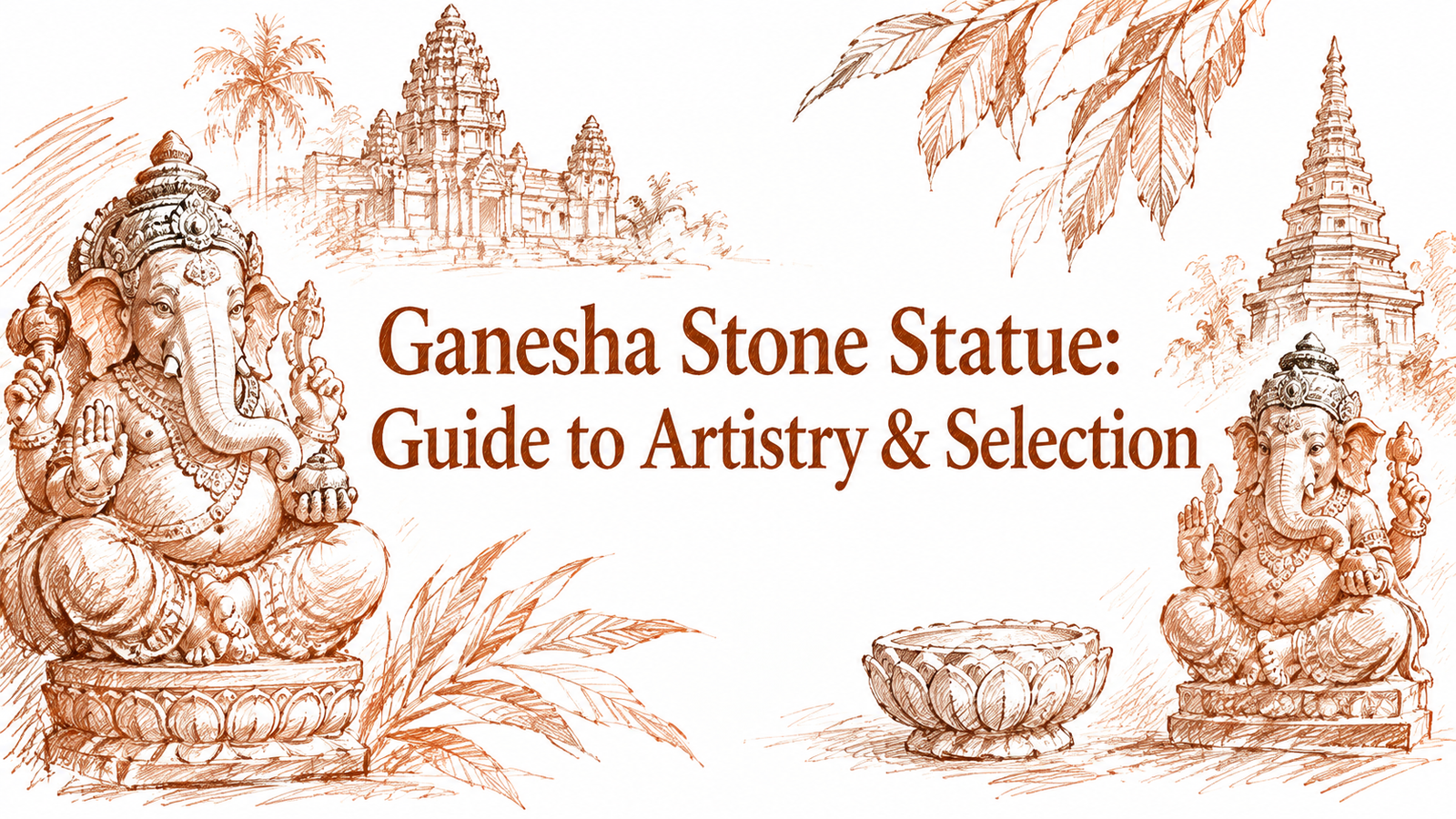 A detailed illustration featuring two Ganesha stone statues, surrounded by decorative elements like leaves and a traditional bowl, with a backdrop of temple architecture, highlighting artistry and selection.