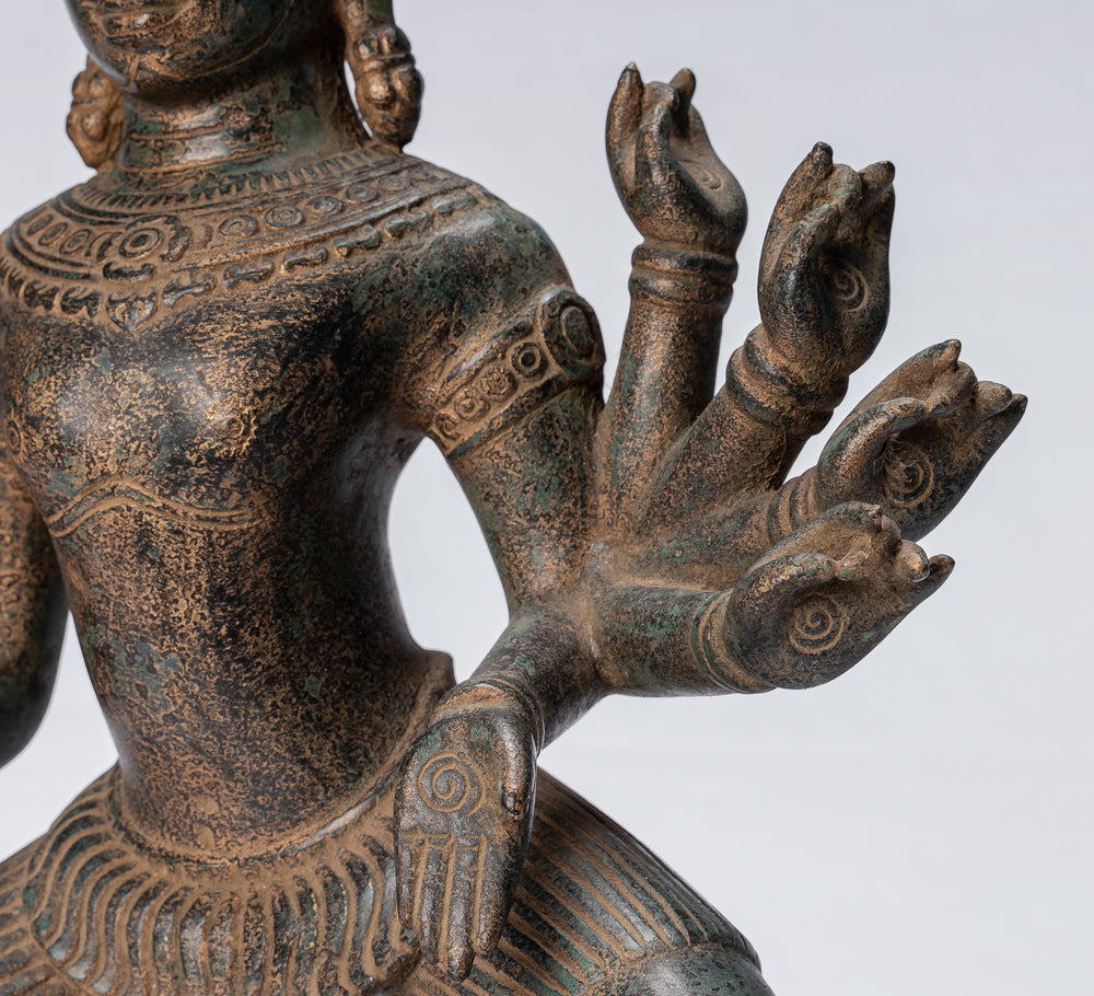 Shiva Statue - Antique Khmer Style Bronze post-Bayon Ardhaparyanka Shiva - 10 Arms - 45cm/18"