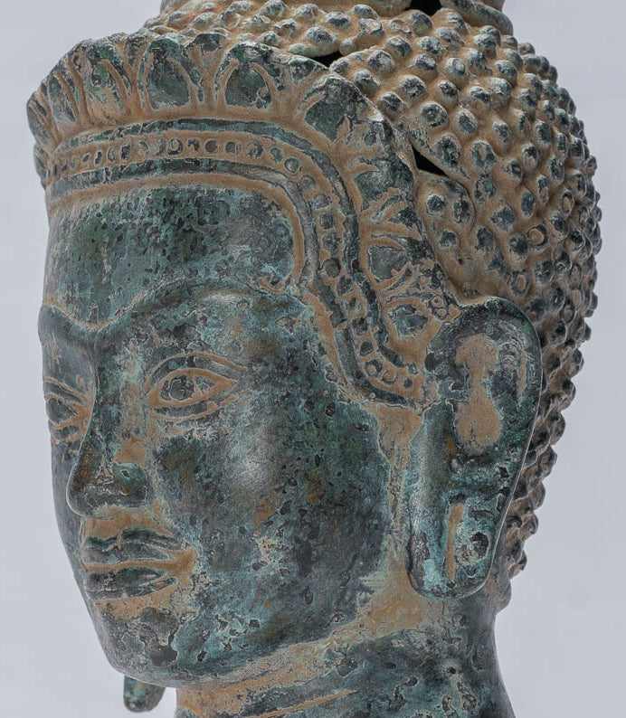 Buddha Statue - Antique Khmer Style Mounted Bronze Baphuon Buddha Head Statue - 25.5cm/10"