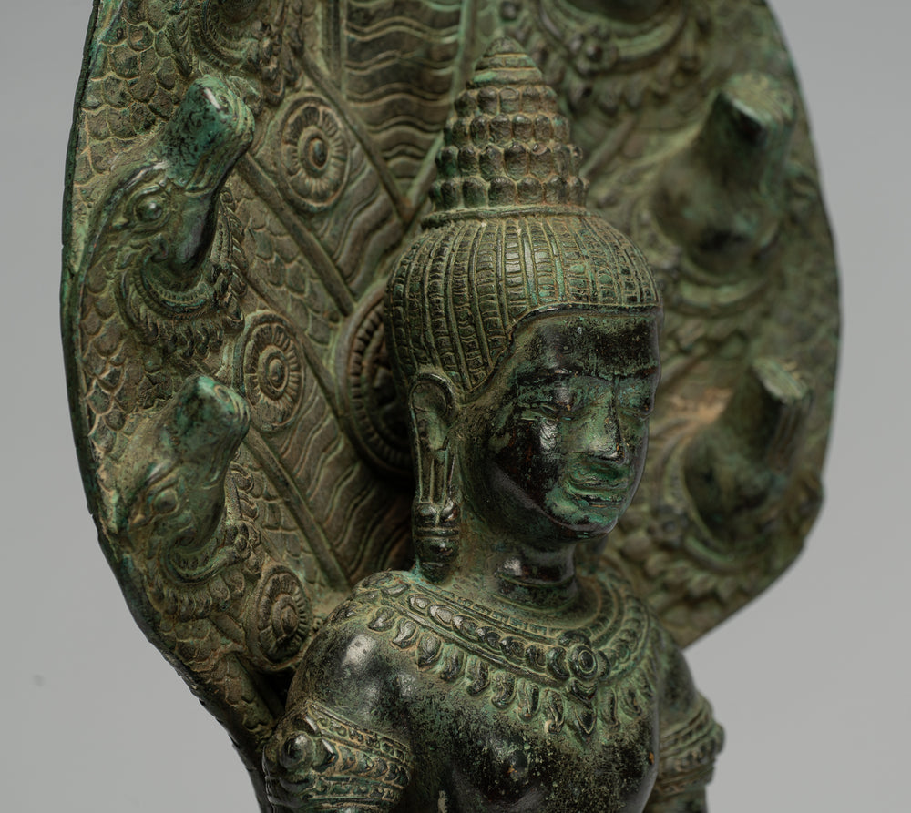 Buddha Statue - Antique Bayon Style Khmer Seated Bronze Naga Meditation Buddha - 44cm/18"