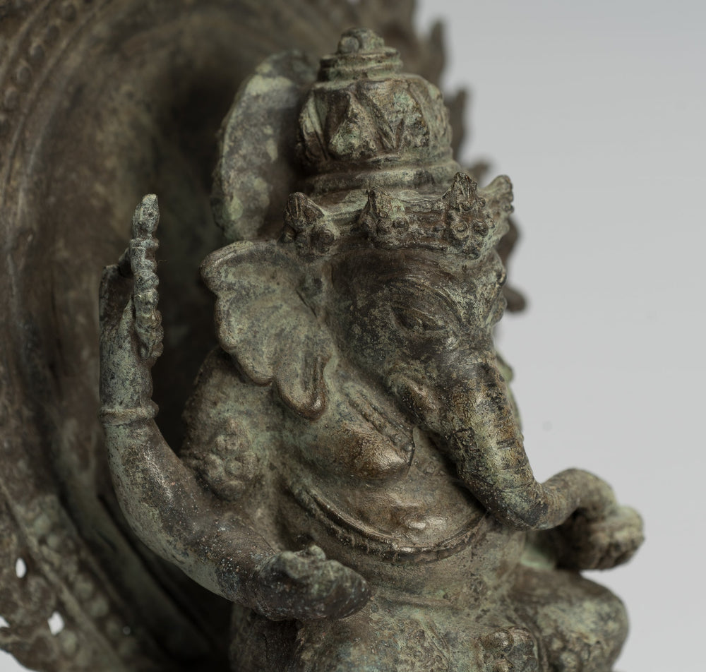 Ganesha Statue - Antique Javanese Style Bronze Seated Indonesian Ganesha Statue - 23cm/9"