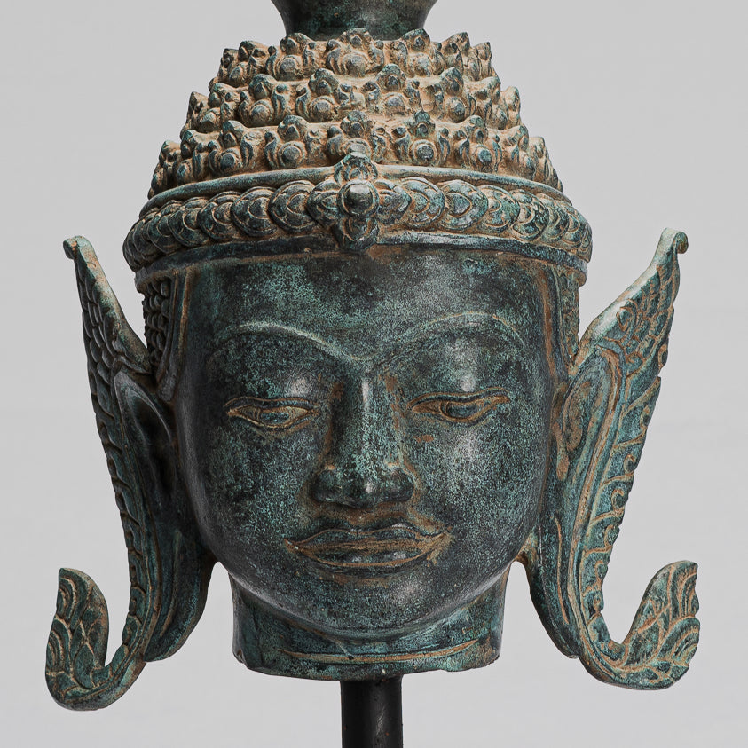 Buddha - Antique Thai Style Bronze Rattanakosin Buddha Head Statue - 68cm/27"