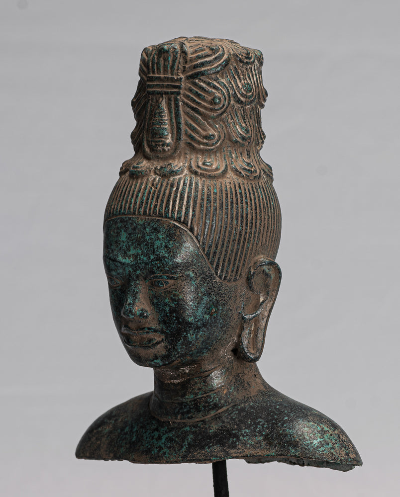 Antique Khmer Style Mounted Bronze Maitreya Buddha Statue - 30cm/12"