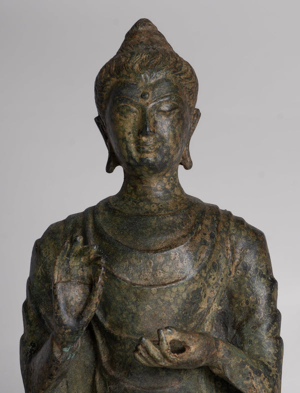Indian Buddha Statue - Antique Gandhara Style Bronze Protection Buddha Statue - 26cm/10"
