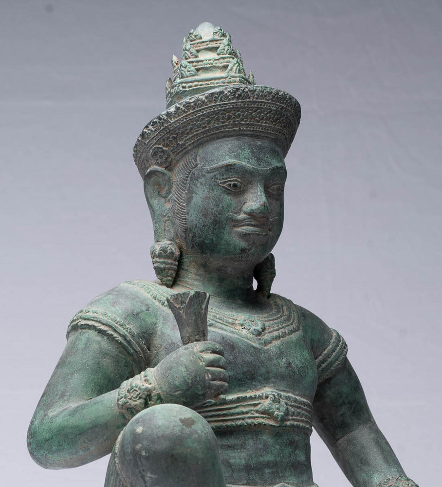 Shiva Statue - Antique Khmer Style Bayon Seated Bronze Shiva Statue - 42cm/17"
