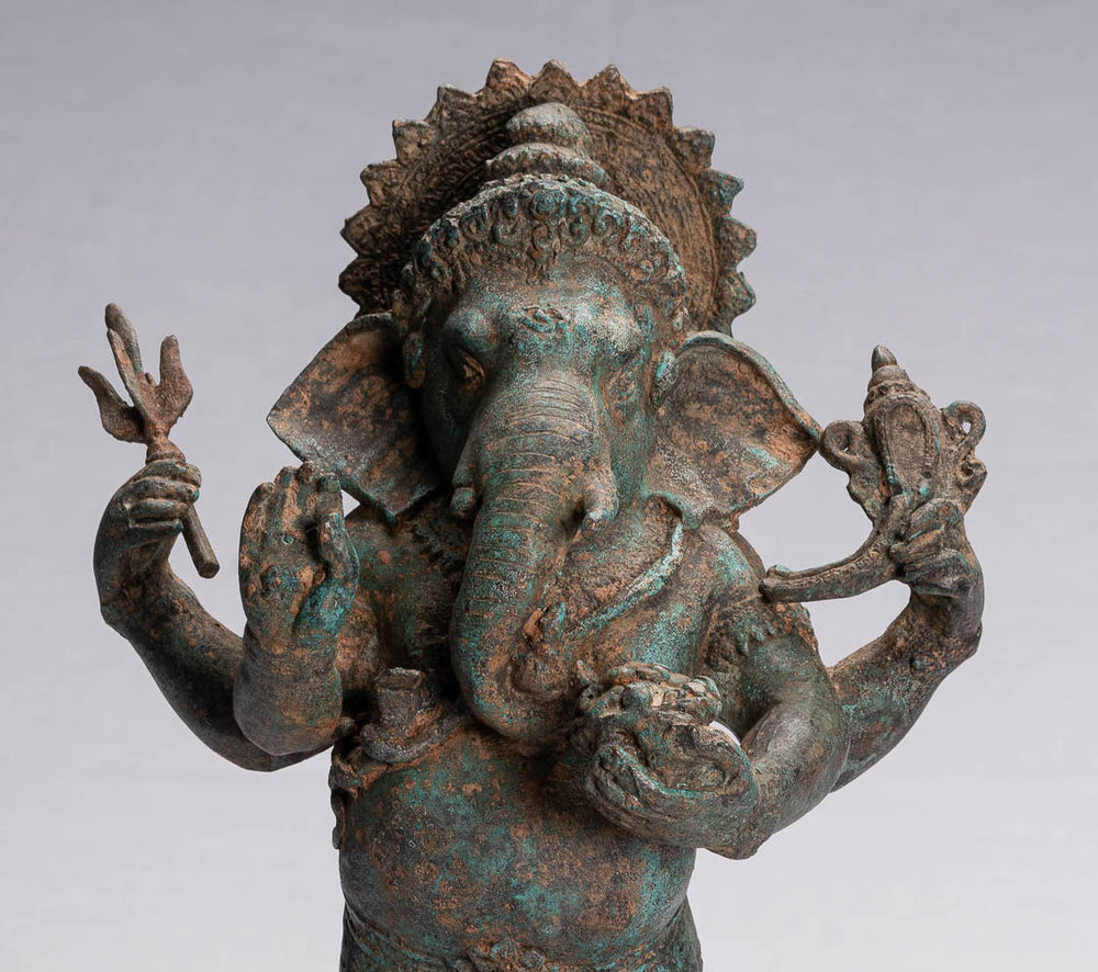 Ganesha Statue - Antique Thai Style Bronze Standing 4-Arm Ganesha Statue - 35cm/14"