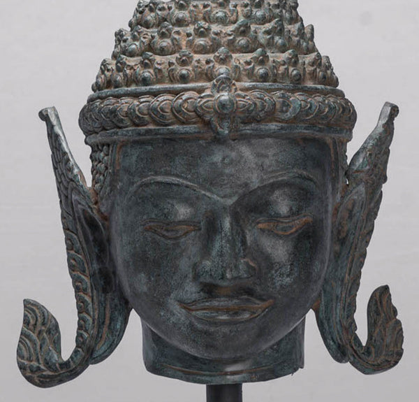 Buddha - Antique Thai Style Bronze Rattanakosin Buddha Head Statue - 66cm/26"