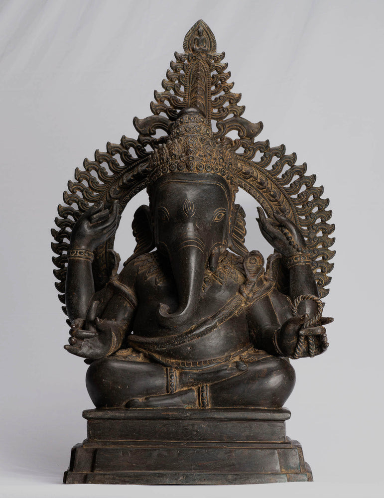 Ganesha Statue - Antique Thai Style Bronze Seated 4-Arm Ganesha Statue - 87cm/35"