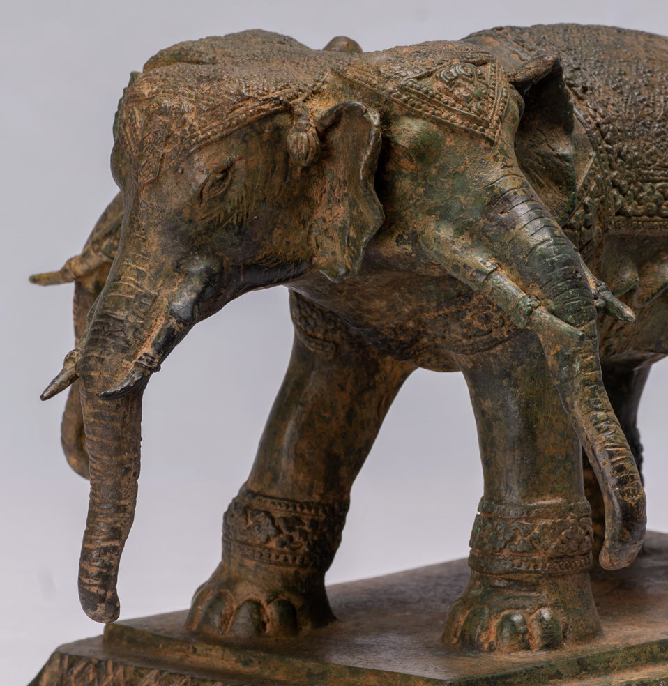 Antique Thai Style Bronze Erawan Airavata or Elephant Statue - 23cm/9" Tall