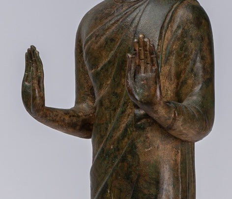 Buddha Statue - Antique Thai Style Bronze Standing Abhaya Protection Buddha Statue - 63cm/25"