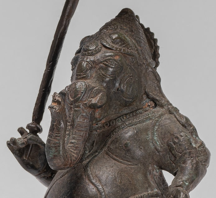 Antique Chola Style Standing Bronze Bridegroom or Mappilai Ganesha Statue w/Umbrella - 37cm/15"