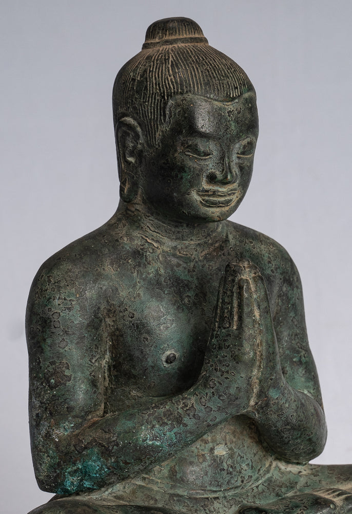 Jayavarman Statue - Antique Khmer Style Seated Bronze Jayavarman VII Statue - 18cm/7"