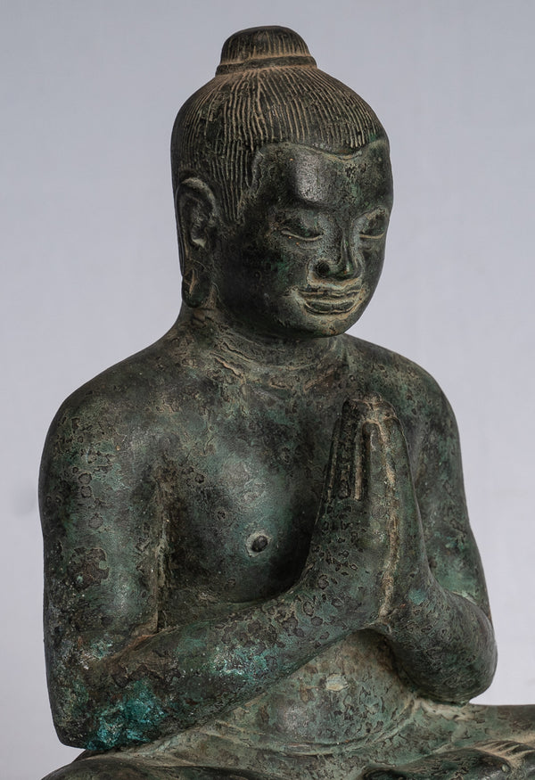 Jayavarman Statue - Antique Khmer Style Seated Bronze Jayavarman VII Statue - 18cm/7"