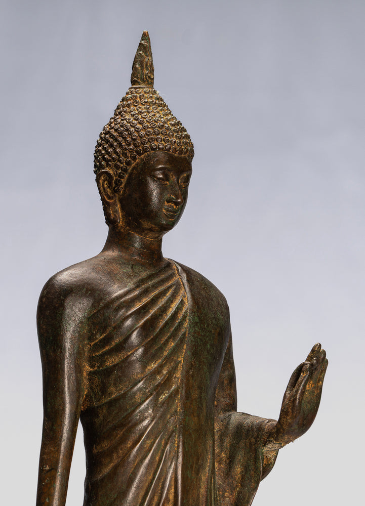 Estatua de Buda Caminante con Protección de Bronce de Pie Estilo Sukhothai Antiguo - 58 cm/23"