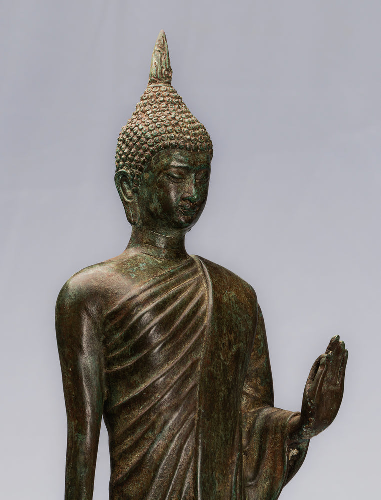 Antique Sukhothai Style Standing Bronze Protection Walking Buddha Statue - 58cm/23"