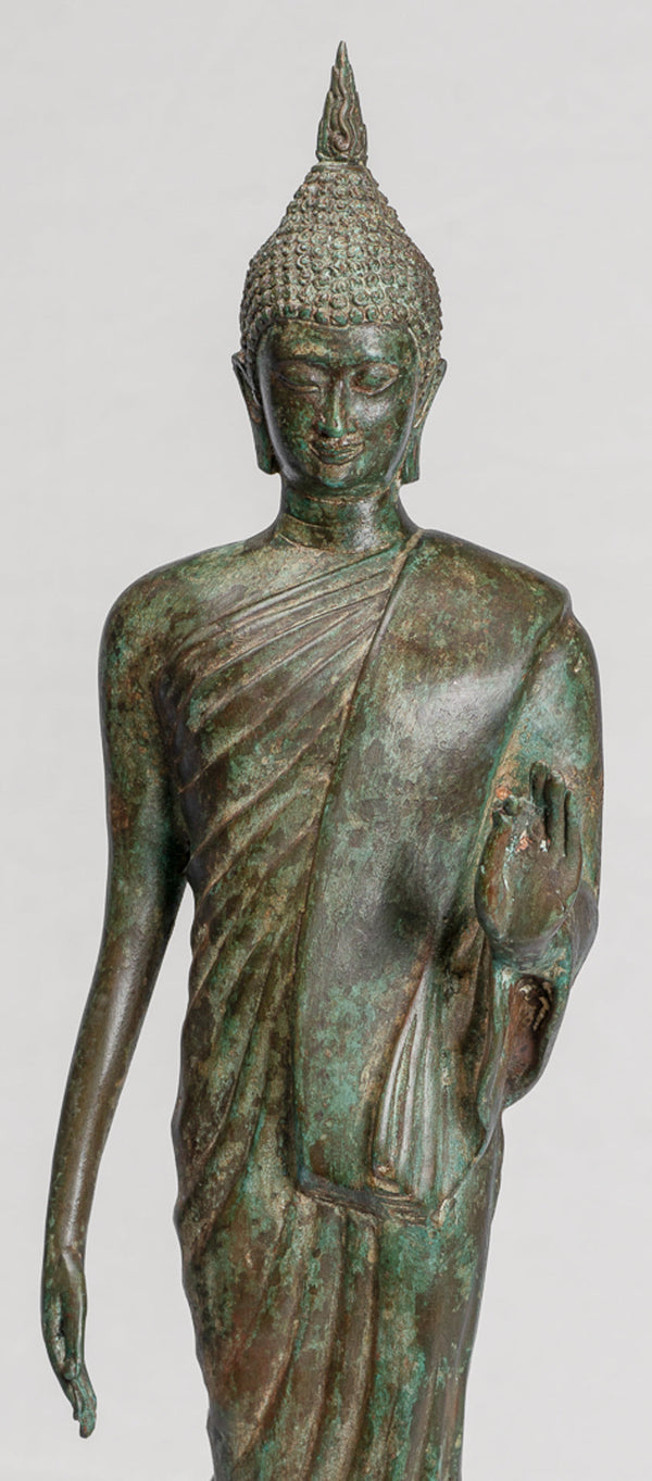 Antique Sukhothai Style Standing Bronze Thai Protection Walking Buddha Statue - 57cm/23"