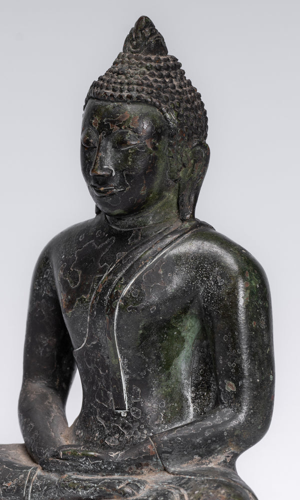 Statua di Buddha - Statua di Buddha seduto da meditazione seduto in bronzo in stile antico dello Sri Lanka - 18 cm/7"