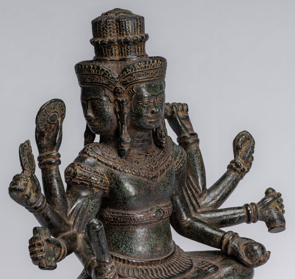 Estatua de Brahma - Antiguo Estilo Khmer Bronce 8 Brazos Bayon Brahma - Creación de Dios Hindú - 32cm/13"