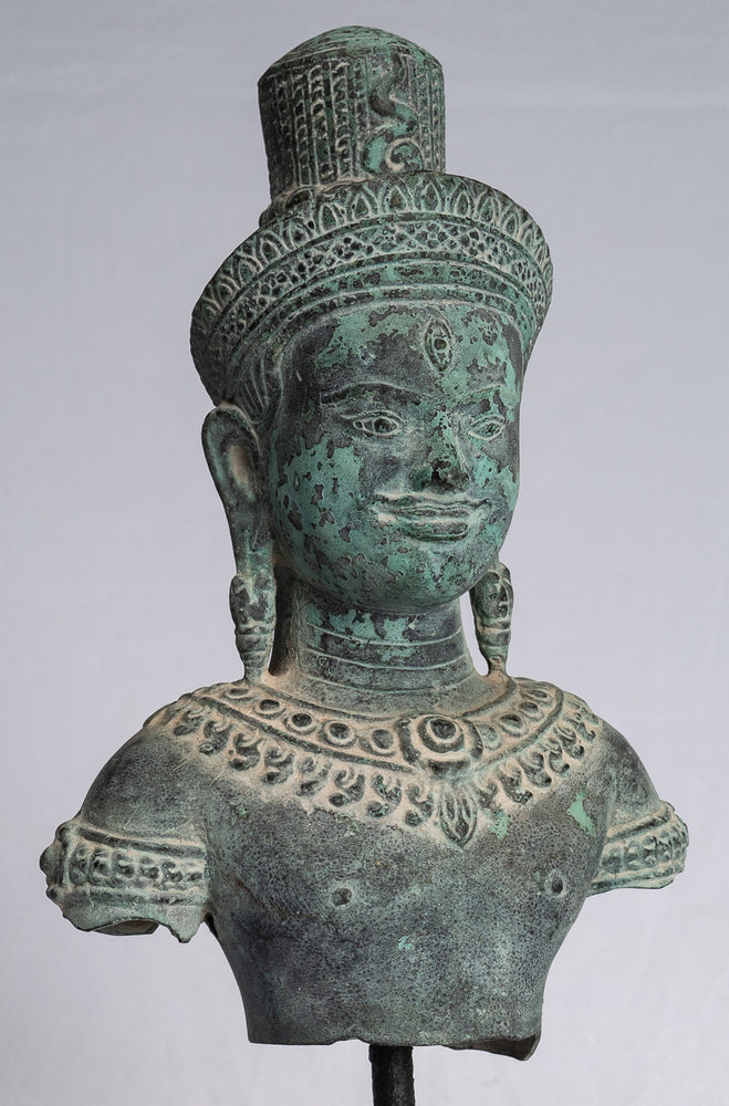 Statua di Shiva - Statua del torso di Shiva in stile Koh Ker con montatura in bronzo in stile Khmer antico - 26 cm/10"