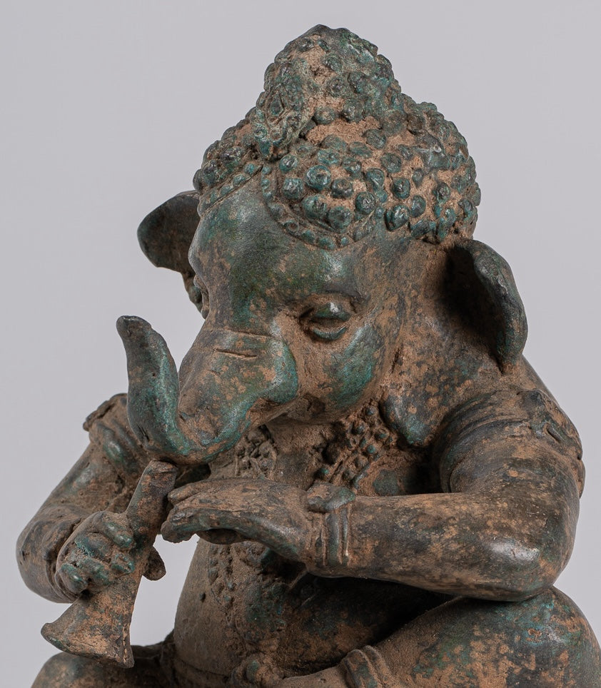 Ganesha Statue - Antique Thai Style Bronze Ganesha Statue Playing Flute - 26cm/10"