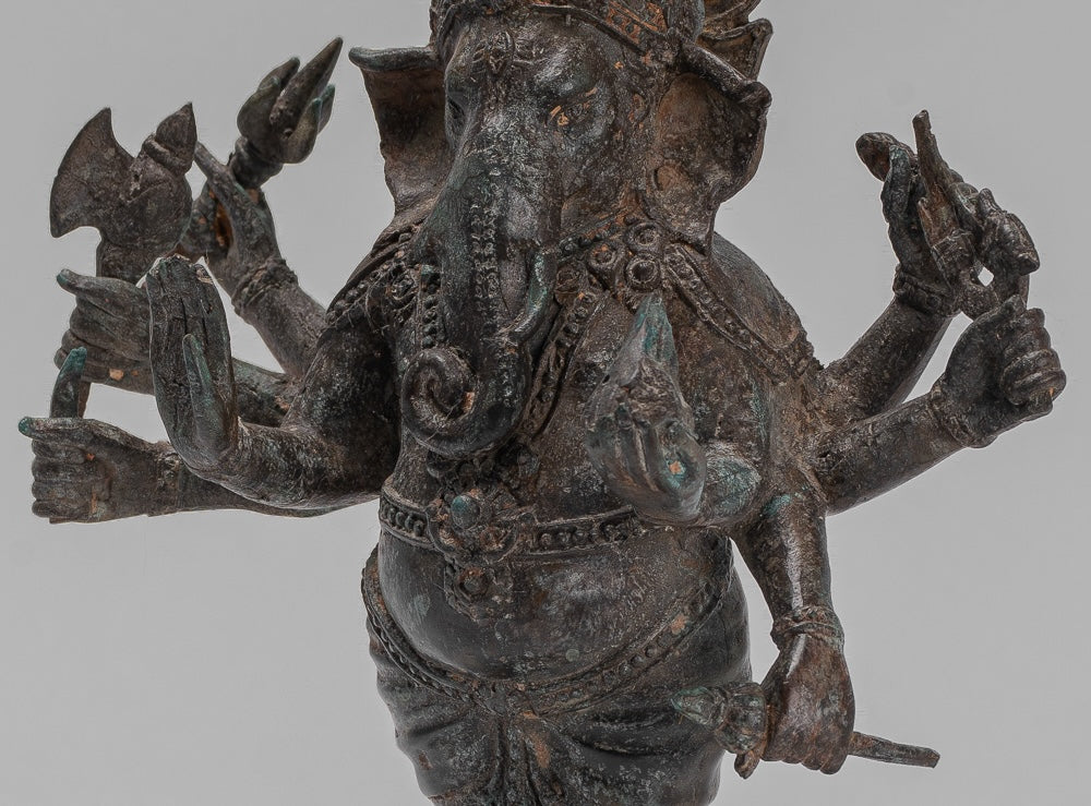 Ganesha Statue - Antique Thai Style Bronze Standing 8-Arm Ganesha Statue - 29cm/12"