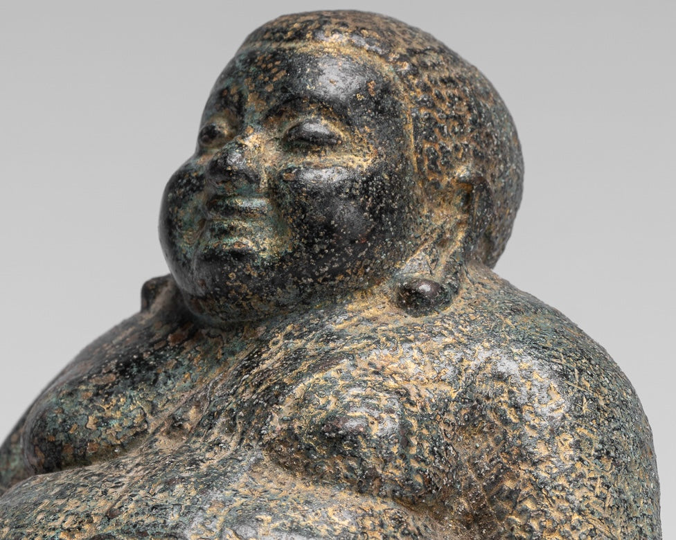Estatua de Buda - Estatua de Buda Budai Feliz, Gordo y Riendo de Bronce Antiguo Estilo Khmer - 18cm/7"